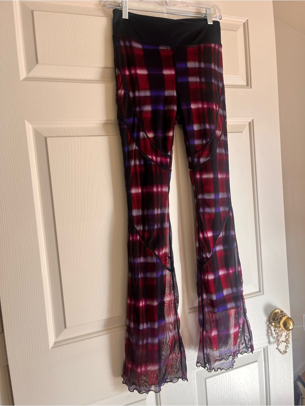 Free People Burgundy & Black Plaid Mesh Flare Pants